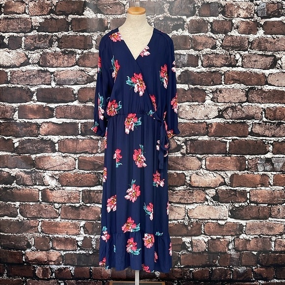 Joules Dress Women's 16 Plus Blue Floral Long Sleeve Maxi V-Neck NWT - Picture 5 of 17